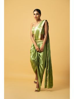 Quench A Thirst - Mint Green Modal Satin Pre-Drape Dhoti Saree with Stitched Blouse and Belt