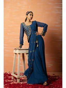 Quench A Thirst - Blue Sequins Embroidered Sharara Pre-Drape Saree with Stitched Blouse