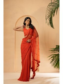 Quench A Thirst - Orange Georgette Sequins Embroidered Pre-Drape Saree with Stitched Blouse