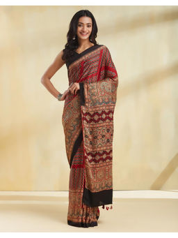 Fabindia - Maroon Viscose Blend Ajrakh Printed Saree with Unstitched Blouse