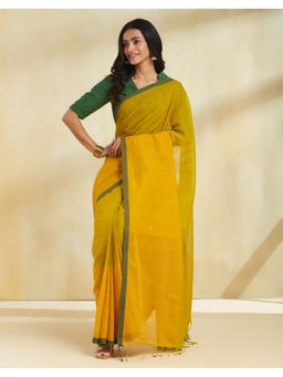 Fabindia - Green Cotton Hand Woven Saree with Unstitched Blouse