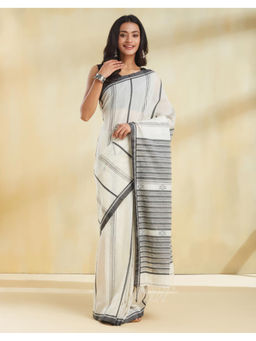 Fabindia - White Cotton Hand Woven Saree with Unstitched Blouse