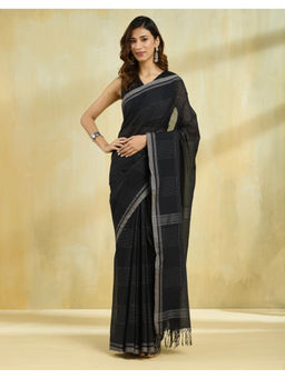 Fabindia - Black Cotton Jamdani Saree with Unstitched Blouse