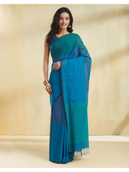 Fabindia - Blue Cotton Hand Woven Saree with Unstitched Blouse