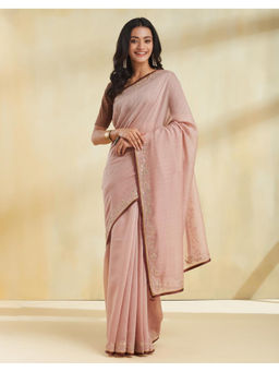 Fabindia - Pink Cotton Silk Hand Embroidered Saree with Unstitched Blouse