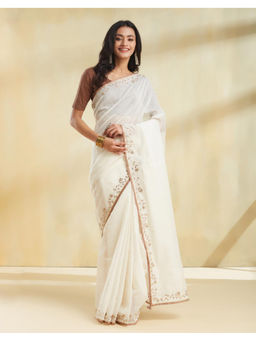 Fabindia - Natural Cotton Silk Hand Embroidered Saree with Unstitched Blouse