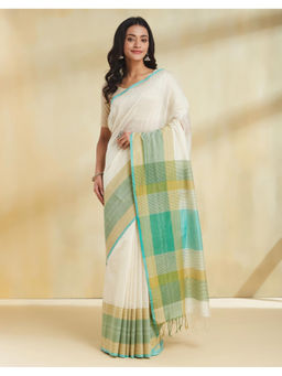 Fabindia - Off White Viscose Blend Hand Woven Saree with Unstitched Blouse