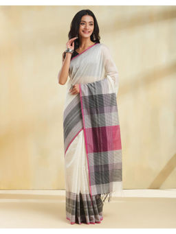 Fabindia - White Viscose Blend Hand Woven Saree with Unstitched Blouse