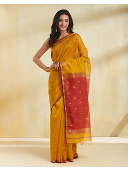 Fabindia - Mustard Cotton Silk Blend Maheshwari Saree with Unstitched Blouse