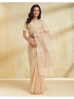 Fabindia - Beige Linen Blend Hand Woven Saree with Unstitched Blouse