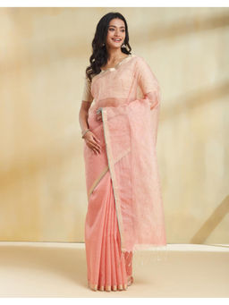 Fabindia - Pink Linen Blend Hand Woven Saree with Unstitched Blouse