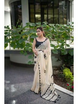 The Raksha Store - Off-White Saree and Black Floral Applique Work with Unstitched Blouse