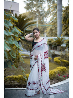 The Raksha Store - White Saree and Red Ajrakh Applique Work with Unstitched Blouse