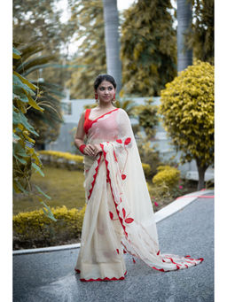 The Raksha Store - Off White Saree and Red Applique Work with Unstitched Blouse