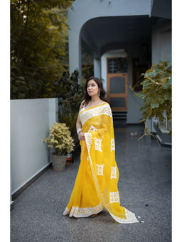 The Raksha Store - Yellow Saree and White Applique Work with Unstitched Blouse