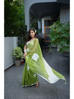 The Raksha Store - Green Saree and White Applique Work with Unstitched Blouse