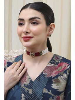 Biba - Women Maroon White Brass Choker Jewellery Set