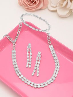 Zaveri Pearls - Silver Tone Cubic Zirconia Necklace Earring and Bracelet Set