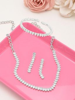 Zaveri Pearls - Silver Tone Cubic Zirconia Necklace Earring and Bracelet Set