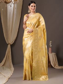 Akhilam - Womens Organza Yellow Woven Design Saree with Unstitched Blouse