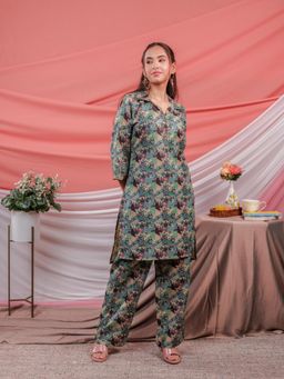 Yufta - Green Printed Kurta and Palazzo (Set of 2)