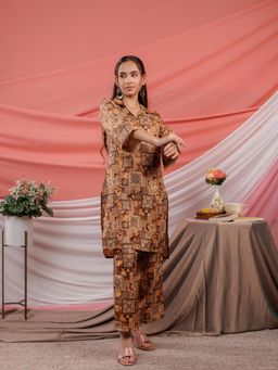 Yufta - Brown Floral Printed Kurta and Palazzo (Set of 2)