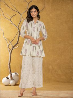 Yufta - Cream Printed Kurti and Palazzo (Set of 2)