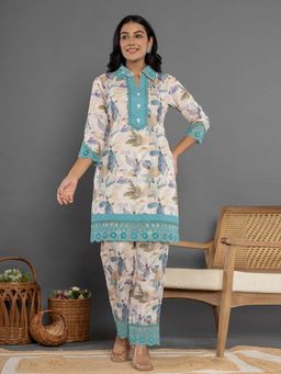 Yufta - Blue Schiffli Printed Kurta and Pant (Set of 2)
