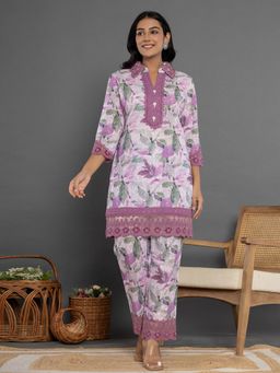 Yufta - Purple Schiffli Printed Kurta and Pant (Set of 2)