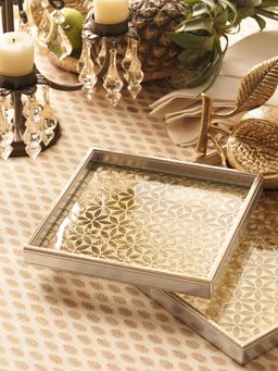 Pure Home + Living - Gold & Silver Lazer Cut Faux Leather Square Tray