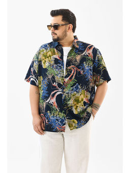 Snitch - Mens Navy Blue Printed Half Sleeves Plus Size Shirt