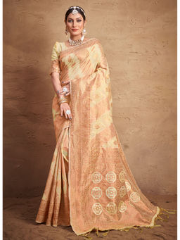 Sangam Prints - Cream Cotton Woven Zari Work Traditional Tassel Saree with Unstitched Blouse