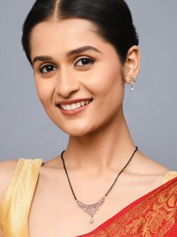 Fida - Wedding Luxurious Rose Gold Plated American Diamond Stones Mangalsutra and Earrings Set for Women