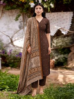 Aaghnya - Women's Brown Polyster Woven Straight Kurta with Pant and Dupatta