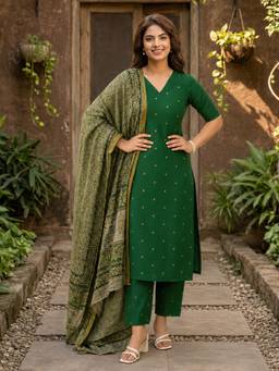 Aaghnya - Women's Green Polyster Woven Straight Kurta with Pant and Dupatta