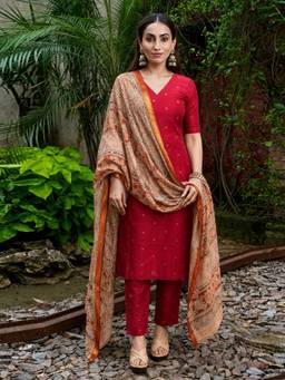 Aaghnya - Red Women's Rayon Viscose Straight Woven Kurta with Pant and Dupatta