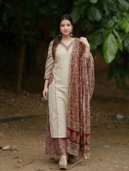 Aaghnya - Women's Cream Rayon Blend Embroidered Straight Kurta with Palazzo and Dupatta