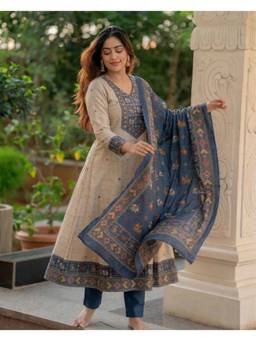 Aaghnya - Cream Women's Rayon Blend Printed A-Line Kurta with Pant and Dupatta