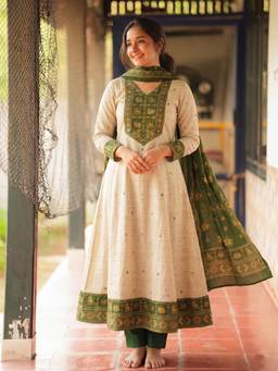 Aaghnya - Cream Women's Rayon Blend Printed A-Line Kurta with Pant and Dupatta