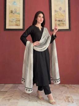 Aaghnya - Women's Black Rayon Blend Kurta with Palazzo and Dupatta