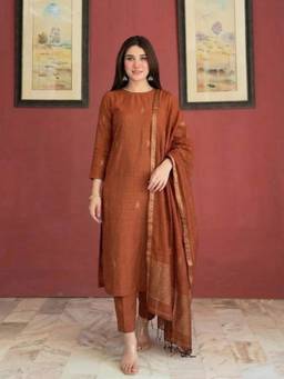 Aaghnya - Women's Rust Rayon Blend Printed Straight Kurta with Pant and Dupatta