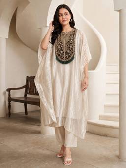 Aaghnya - Women's Off White Tissue Embroidered A-Line Kaftan Kurta with Palazzo