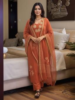Aaghnya - Women's Rust Viscose Rayon Printed Kurta with Palazzo and Dupatta
