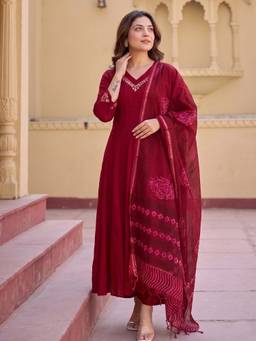 Aaghnya - Women's Red Rayon Blend Embroidered Anarkali Kurta with Pant and Dupatta