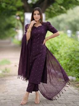 Aaghnya - Wine Women's Viscose Straight Printed Kurta with Pant and Dupatta