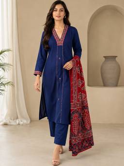 Aaghnya - Women's Blue Rayon Blend Printed Straight Kurta with Pant and Dupatta