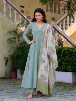 Aaghnya - Women's Blue Rayon Blend Embroidered Kurta with Palazzo and Dupatta