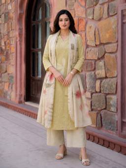 Aaghnya - Women's Yellow Cotton Blend Printed Straight Kurta with Pant and Dupatta