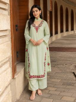 Aaghnya - Women's Green Viscose Blend Embroidered Straight Kurta with Palazzo and Dupatta