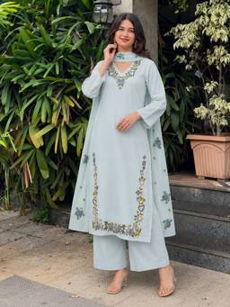 Aaghnya - Women's Sky Blue Viscose Blend Embroidered Straight Kurta with Palazzo and Dupatta